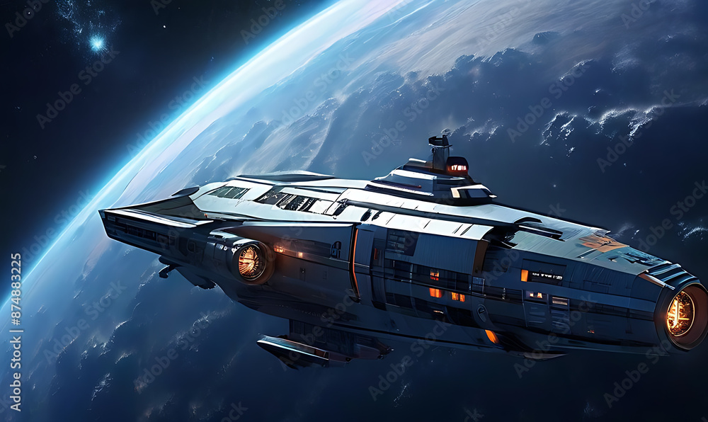 Spaceship flying through space, leaving a trail of smoke. Spaceship flying through space, leaving a trail of smoke.