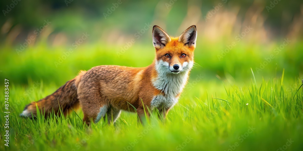 Fototapeta premium Red fox hunting in a lush field, predator, wildlife, nature, outdoor, mammal, hunting, wilderness, bushy tail, furry