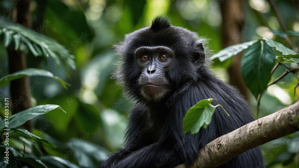 A black monkey with expressive eyes sits on a tree branch surrounded by lush green jungle foliage, observing its surroundings.
A black monkey with expressive eyes sits on a tree branch surrounded by lush green jungle foliage, observing its surroundings.