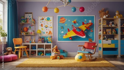 A lively kids' playroom decorated with a space theme, featuring colorful furniture, toys, and wall art, creating an imaginative and playful environment.  © Adam