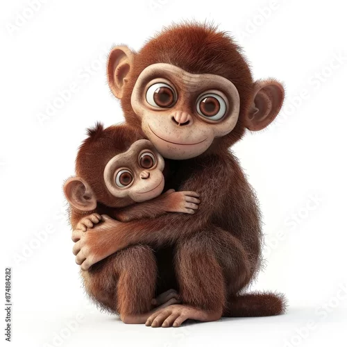 Obraz A 3D Digital Render Of A Cute Cartoon Monkey Holding A Baby Monkey, Isolated Against A White Background