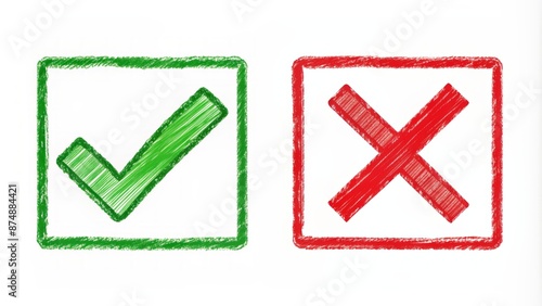High-definition transparent background illustration featuring hand-drawn green tick and red cross symbols for voting, election, and approval purposes.