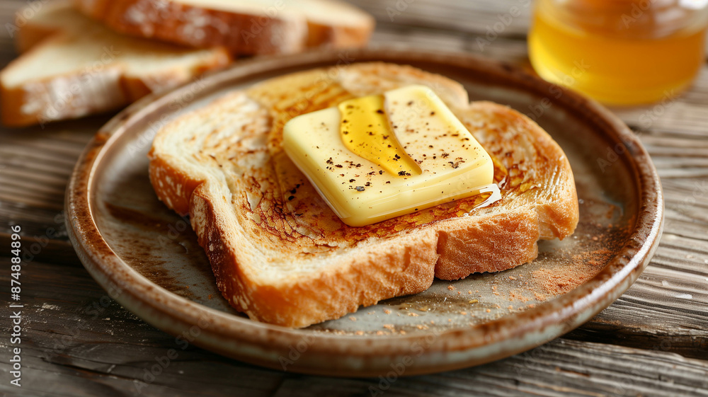 A plate with a slice of bread toast topped with melted butter and a drizzle of honey, placed on a rustic wooden table A plate with a slice of bread toast topped with melted butter and a drizzle of honey, placed on a rustic wooden table
