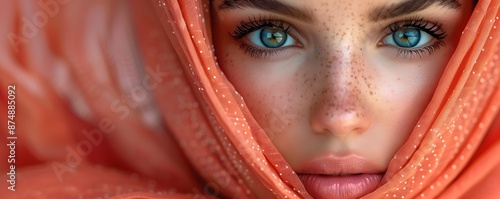 Portrait of a young woman with freckles and blue eyes wearing a red headscarf photo