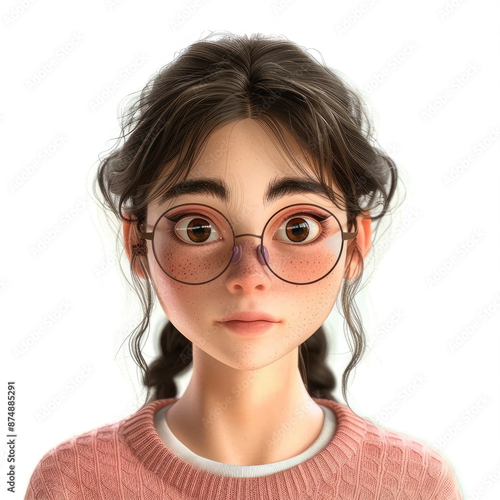 Obraz premium A 3D Illustration Of A Young Girl With Glasses, Isolated On A White Background, Confident And Studious Pose