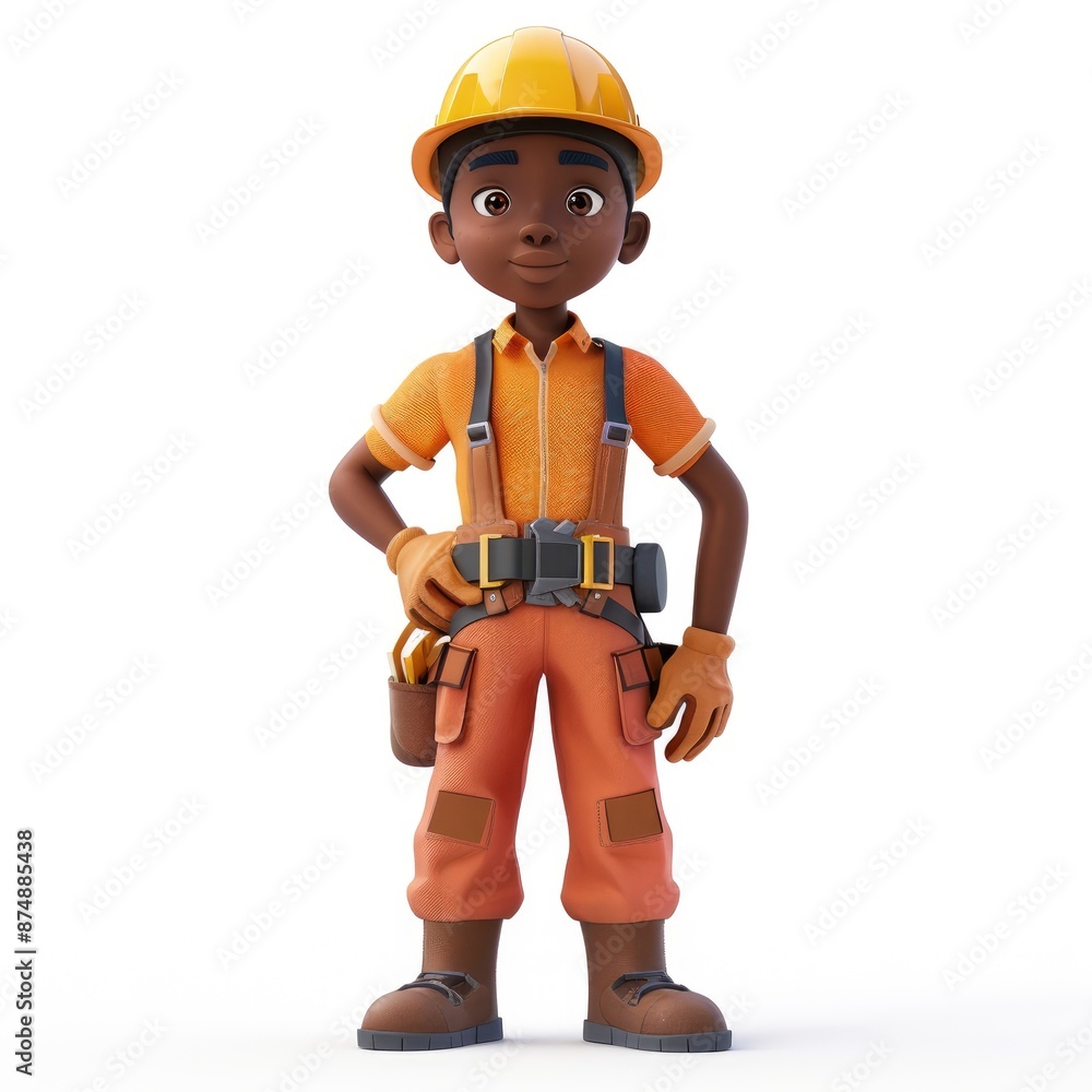 A 3D Illustration Of An African American Boy With A Helmet And Work Clothes, Ready For A Job, Confident Pose A 3D Illustration Of An African American Boy With A Helmet And Work Clothes, Ready For A Job, Confident Pose