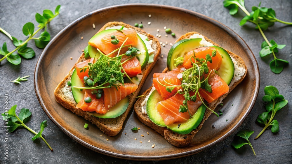 Open sandwiches with salted salmon, guacamole avocado, and microgreens on a plate from a top view Open sandwiches with salted salmon, guacamole avocado, and microgreens on a plate from a top view
