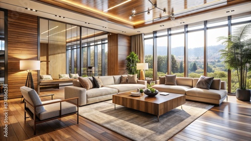 Spacious modern living room features wooden accents, beige sofas, and sleek coffee table surrounded by floor-to-ceiling windows.