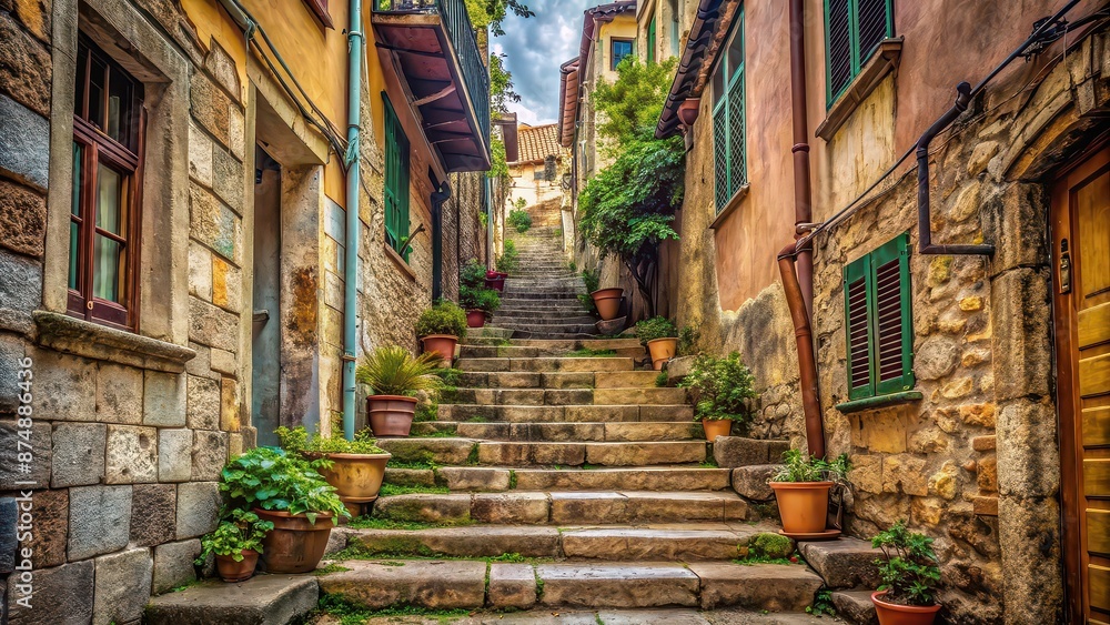 Fototapeta premium Old, vintage street stairs between old houses, narrow, aged, historic, pedestrian, quaint, urban, weathered, alley