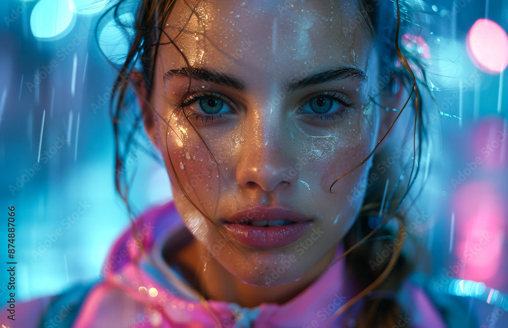 Woman in Rain Under Neon Lights. A woman stands in the rain under neon lights, her face glowing. Woman in Rain Under Neon Lights. A woman stands in the rain under neon lights, her face glowing.