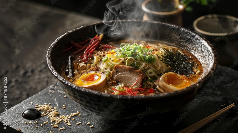 Steaming bowl of ramen with eggs and toppings in focus. Steaming bowl of ramen with eggs and toppings in focus.