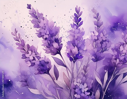 Lavender flowers on a background of watercolor.