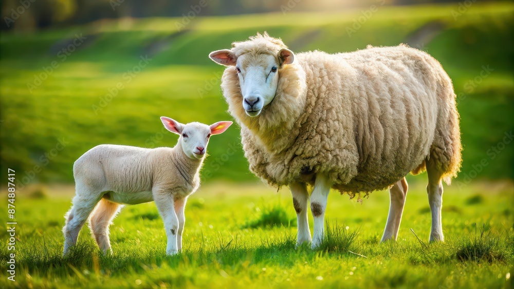 Obraz premium Mother sheep and her adorable lamb grazing in a green pasture, Mother, sheep, lamb, baby, motherhood, love, care, family, grazing, pasture