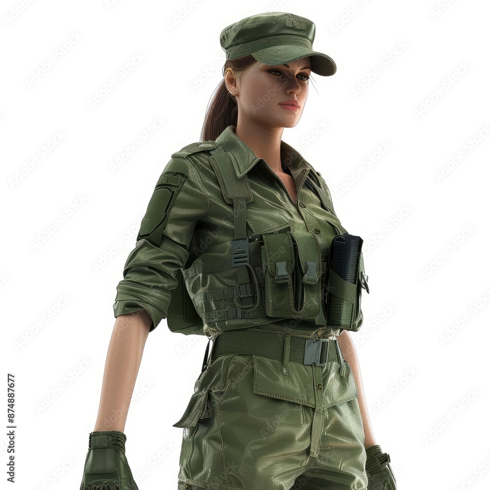 A 3D Rendering Of A Female Soldier In A Green Uniform, Isolated On A White Background, Confident And Heroic Pose A 3D Rendering Of A Female Soldier In A Green Uniform, Isolated On A White Background, Confident And Heroic Pose