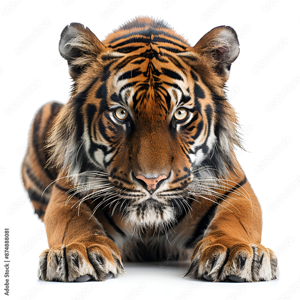 Obraz premium A tiger sitting on a white background.