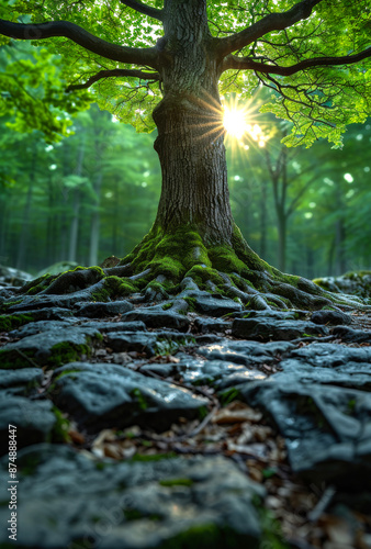 Tree Roots in Forest Sunlight. Sunlight shines through the leaves of a large tree in a forest. Its roots are visible