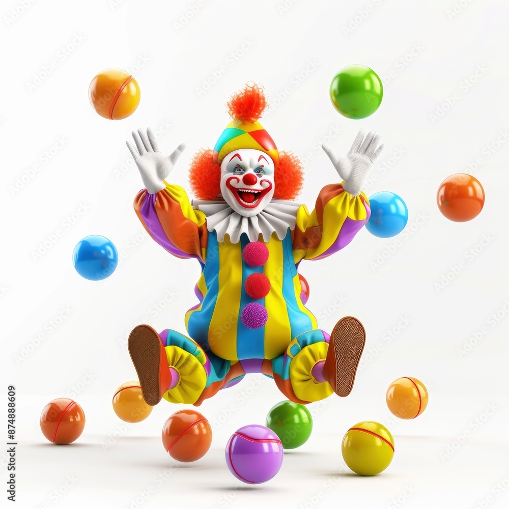 Naklejka premium A Cartoon Clown With Colorful Balls, Isolated On A White Background, Cheerful And Playful Pose