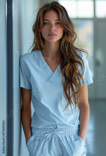 Woman In Light Blue Scrubs. A woman wearing light blue scrubs stands with her hands in her pockets