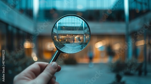 Hand holding magnifying glass in modern courtyard setting.