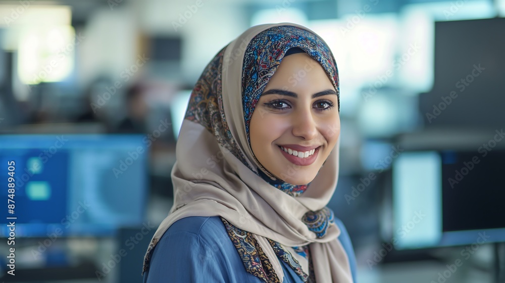 Enthusiastic Female IT Professional Wearing Hijab Smiling at Camera in Office with Computers and Servers Enthusiastic Female IT Professional Wearing Hijab Smiling at Camera in Office with Computers and Servers