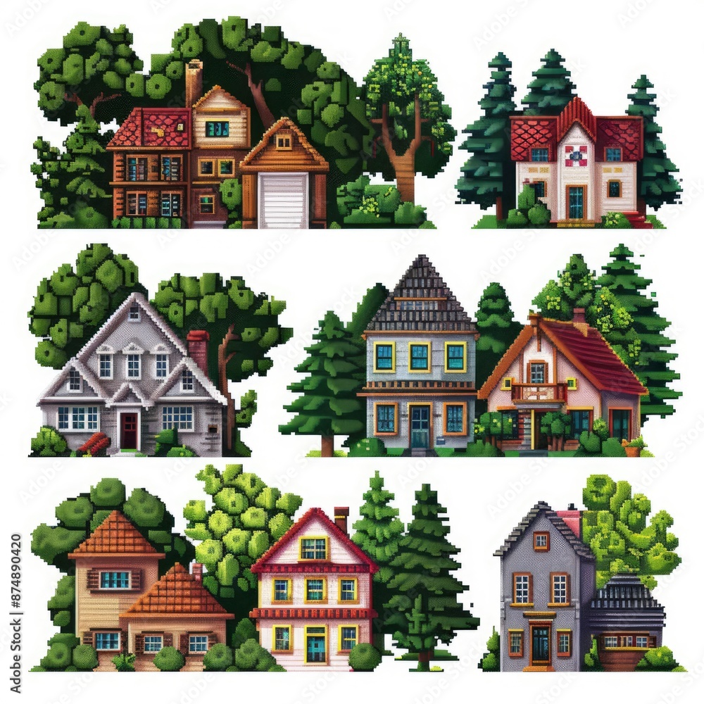 A Set Of Different Pixelated Houses And A Forest, Illustration, Isolated Against A White Background