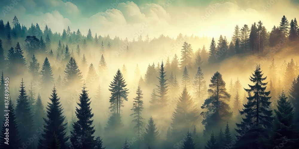 Obraz premium Misty landscape with fir forest in vintage retro style, misty, landscape, fir forest, vintage, retro, trees, fog, morning