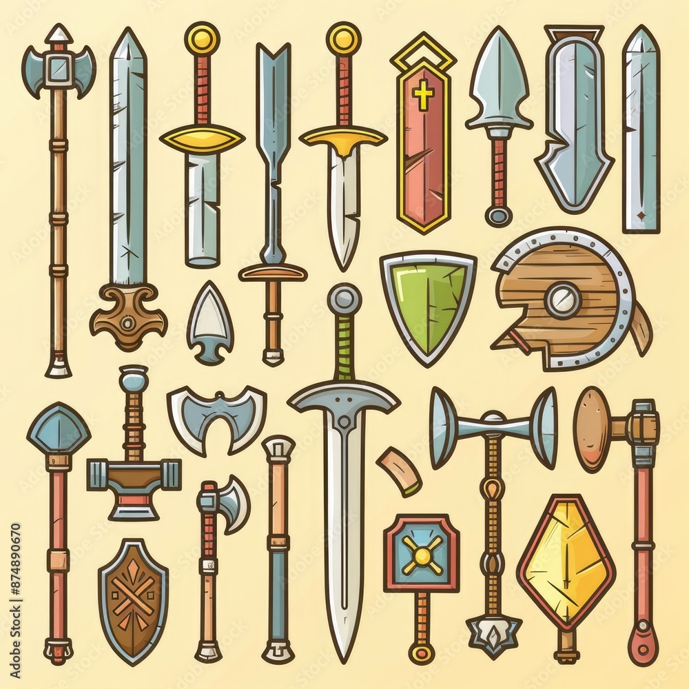 A Set Of Medieval Weapons Icons, Cartoon Style, Illustration A Set Of Medieval Weapons Icons, Cartoon Style, Illustration