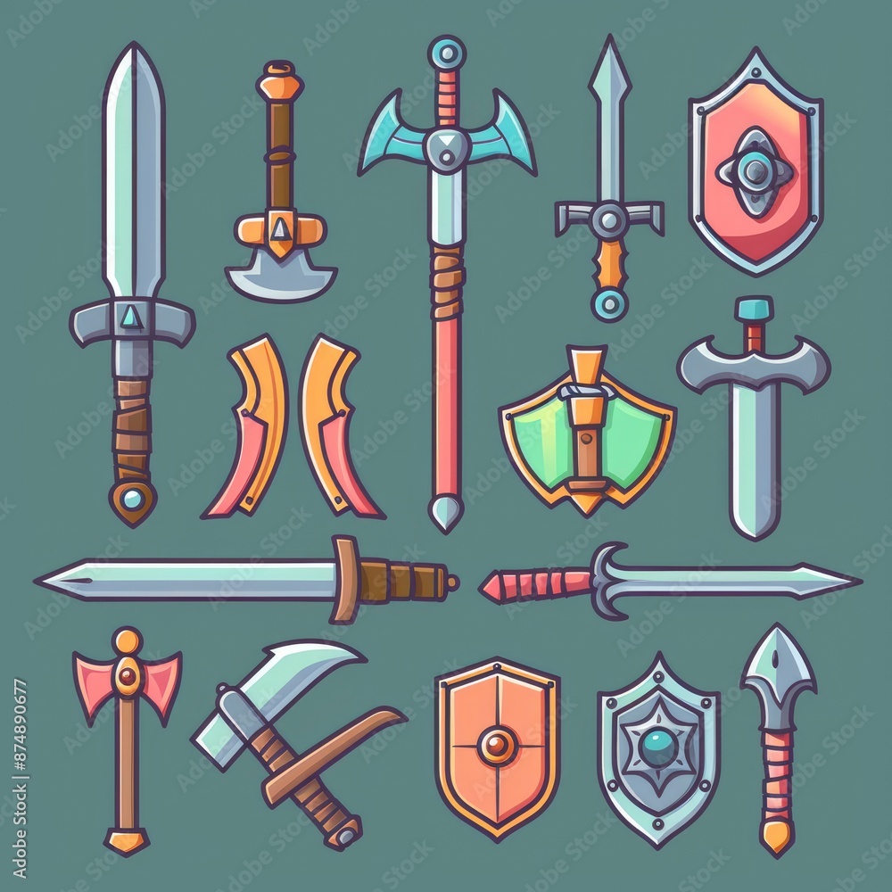 A Set Of Medieval Weapons Icons, Cartoon Style, Illustration A Set Of Medieval Weapons Icons, Cartoon Style, Illustration