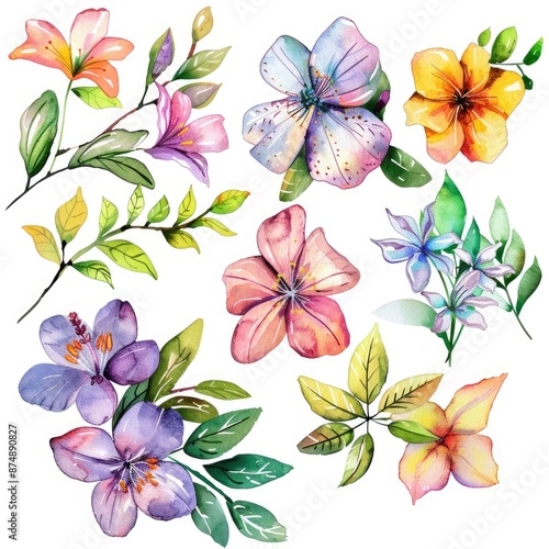 A Set Of Watercolor Flowers, Hand-Painted Floral Elements, Diverse And Vibrant Colors, Delicate And Intricate Details