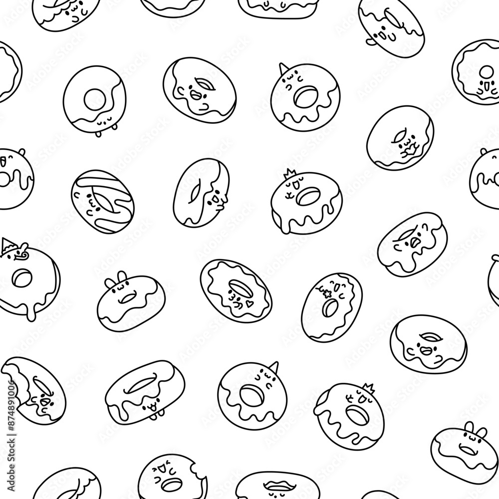 Cute cartoon kawaii donut. Seamless pattern. Coloring Page. Sweet doughnuts characters. Hand drawn style. Vector drawing. Design ornaments. Cute cartoon kawaii donut. Seamless pattern. Coloring Page. Sweet doughnuts characters. Hand drawn style. Vector drawing. Design ornaments.