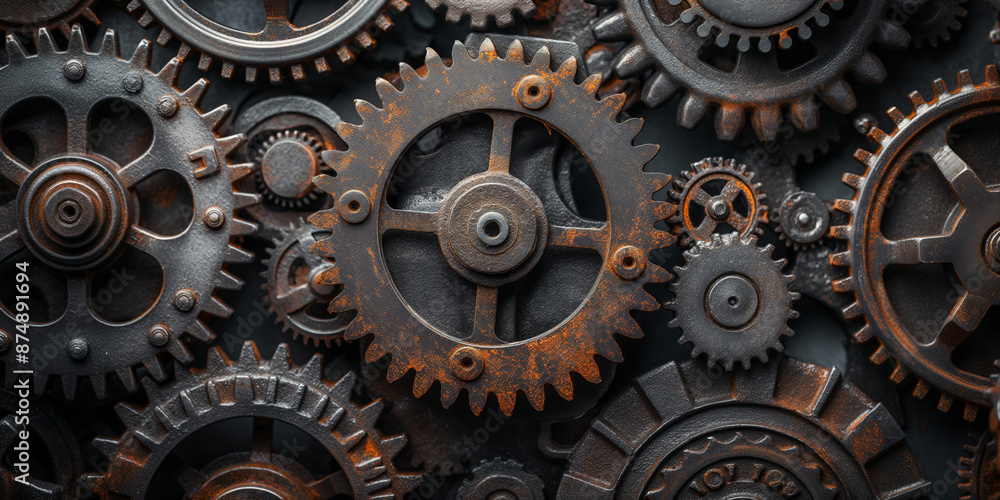 Close-up of interlocking metal gears and cogs. Concept of machinery, engineering, and mechanical complexity Close-up of interlocking metal gears and cogs. Concept of machinery, engineering, and mechanical complexity