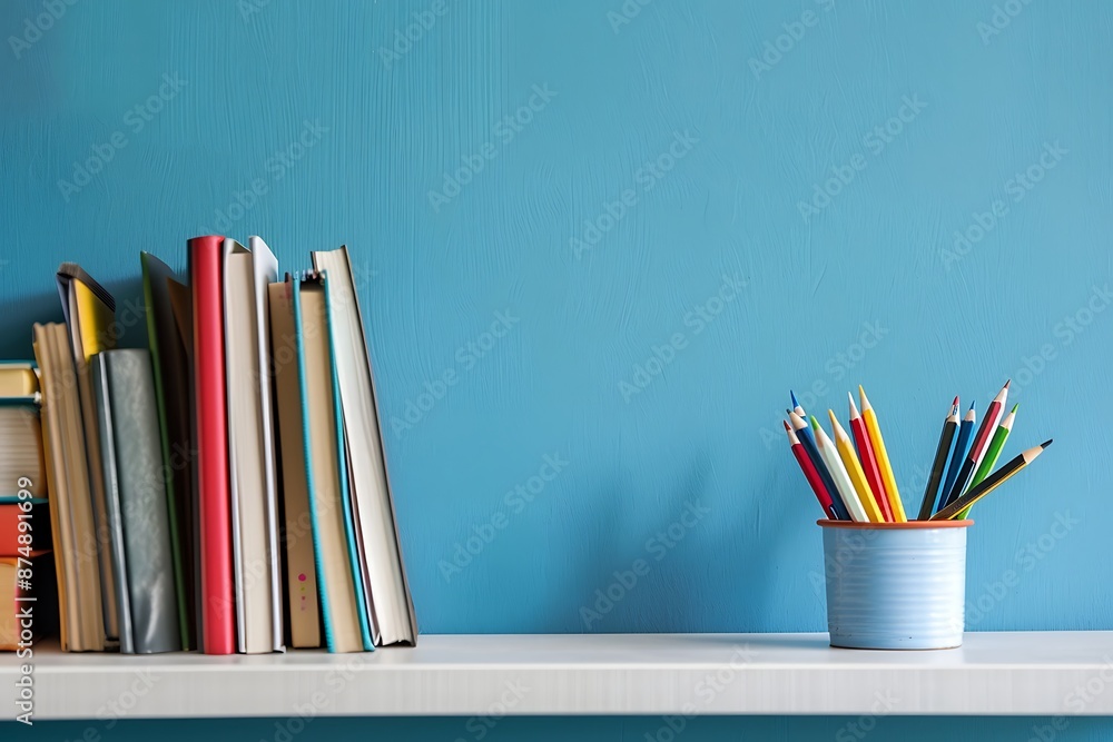 Clean back-to-school background with books, pencils in a pencil pot on a shelf, blue wall, colorful, close-up, copy space for text. Clean back-to-school background with books, pencils in a pencil pot on a shelf, blue wall, colorful, close-up, copy space for text.