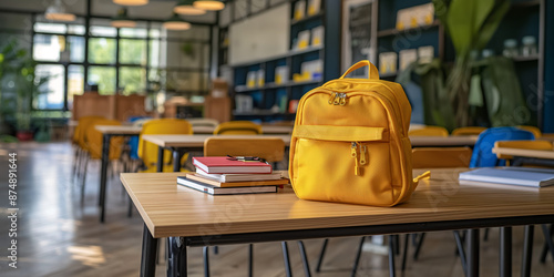 Yellow backpack on desk in modern classroom. Concept of education, learning environment, and school life