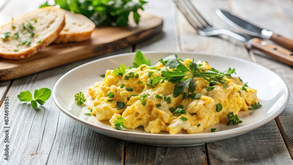Scrambled eggs with fresh herbs on a white plate, scrambled eggs, breakfast, cooking, food, eggs, parsley, rustic, delicious Scrambled eggs with fresh herbs on a white plate, scrambled eggs, breakfast, cooking, food, eggs, parsley, rustic, delicious