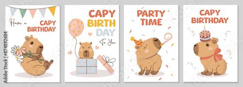 Happy Birthday greeting cards or invitations in hand-drawn style with cute capybara, balloon, cake, flowers, garland. Capy birthday text. Amusing capibara character. Vector templates for party, event.