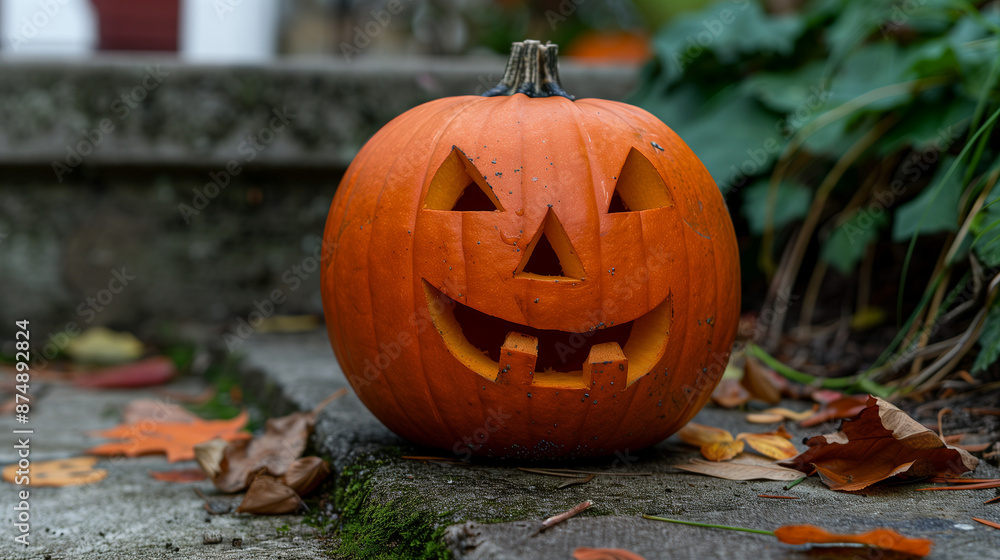 jack o lantern in the garden with autumn leaves sitting on the ground after a light rain jack o lantern in the garden with autumn leaves sitting on the ground after a light rain