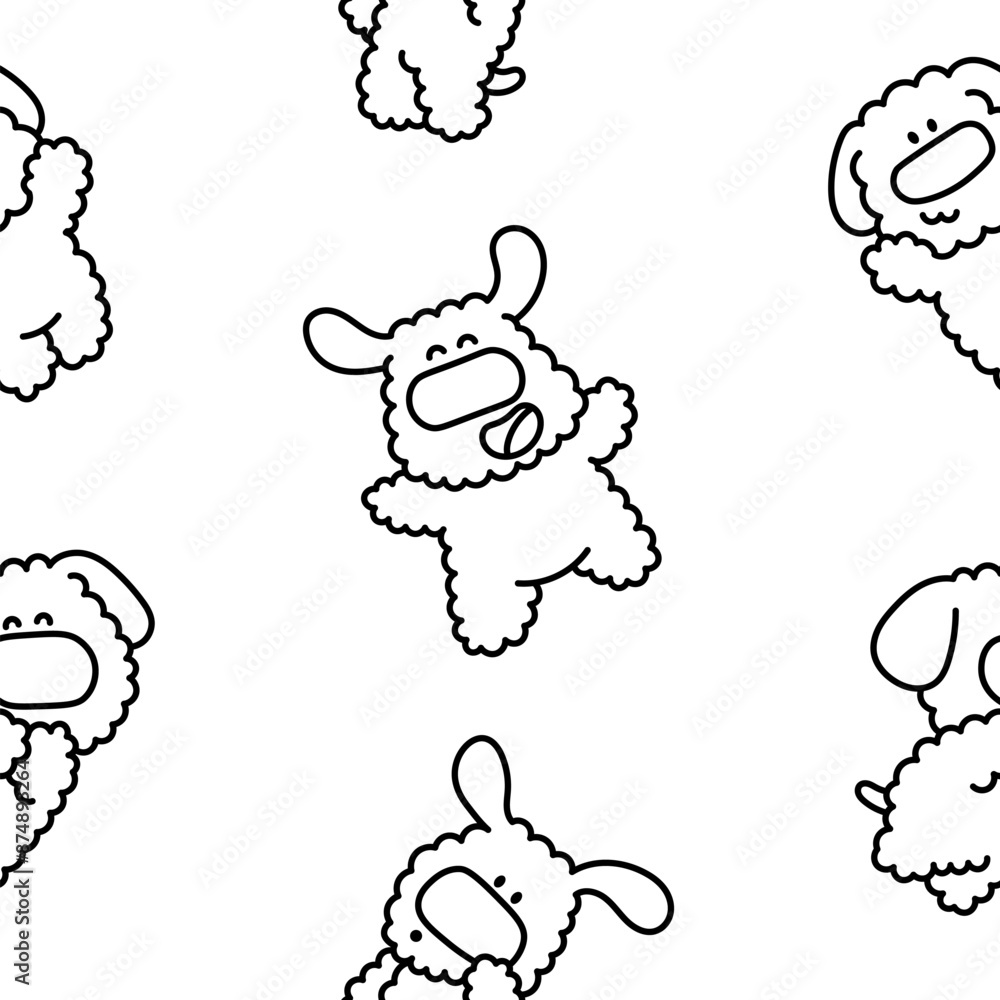 Cute kawaii dog. Seamless pattern. Coloring Page. Toy poodle. Cartoon funny puppy character. Hand drawn style. Vector drawing. Design ornaments. Cute kawaii dog. Seamless pattern. Coloring Page. Toy poodle. Cartoon funny puppy character. Hand drawn style. Vector drawing. Design ornaments.
