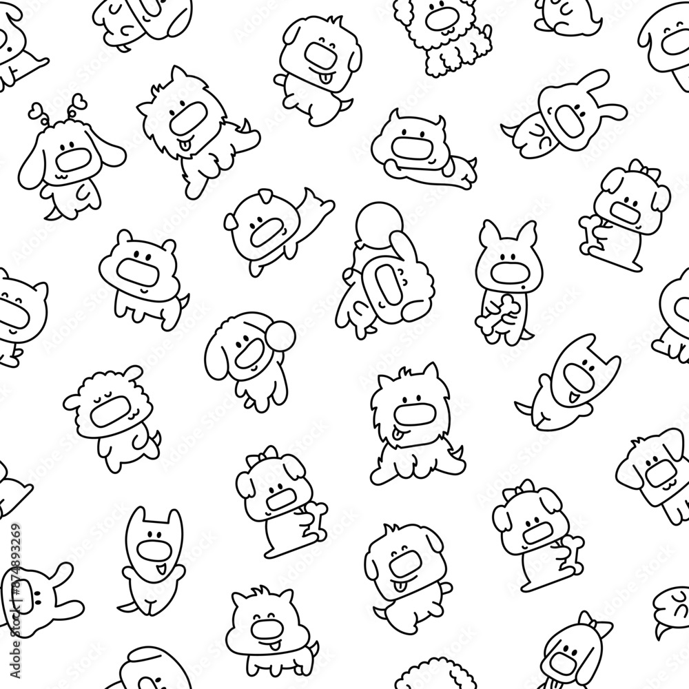 Obraz premium Cute dogs and puppy characters. Seamless pattern. Coloring Page. Cartoon funny pet animals. Hand drawn style. Vector drawing. Design ornaments.