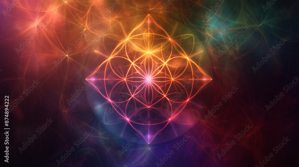 Brightly colored Flower of Life pattern glowing against a dark background, central focal point with mystical energy, right third copy space Brightly colored Flower of Life pattern glowing against a dark background, central focal point with mystical energy, right third copy space