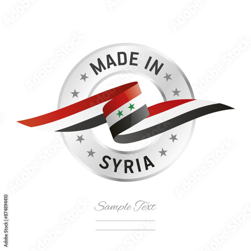 Made in Syria. Syria flag ribbon with circle silver ring seal stamp icon. Syria sign label vector isolated on white background