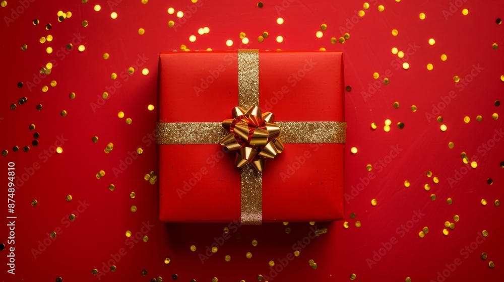 Red gift box with golden ribbon and bow. Present for a holiday, birthday or Christmas. Red gift box with golden ribbon and bow. Present for a holiday, birthday or Christmas.