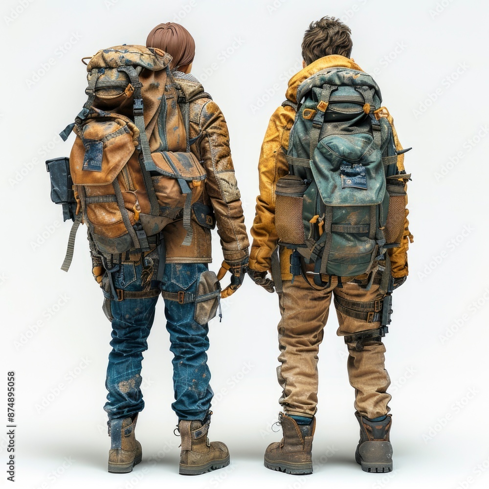 Fototapeta premium Couple Of Tourists With Backpacks, Isolated On A White Background