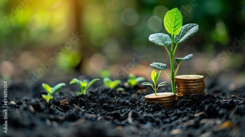 Wallpaper Mural Close-up image of stacked coins with small plants growing on top, symbolizing financial growth, with a blurred background. Torontodigital.ca