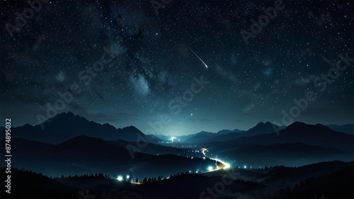 Stars in the sky, in the style of digital painting, tender depiction of nature, dark sky-blue and black, soft, romantic scenes, romanticized landscapes, serene atmospheric perspective, fine detailed