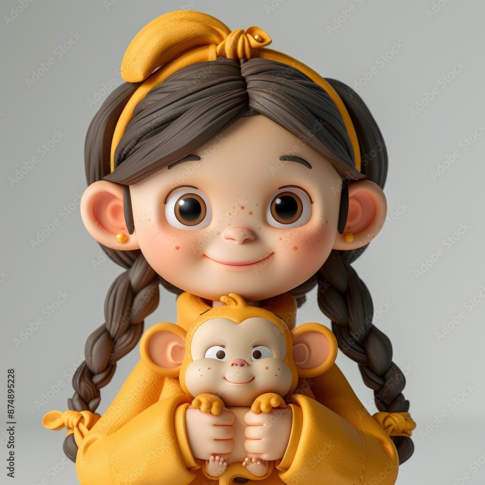 Create A 3D Digital Of A Cute Cartoon Girl With A Playful Monkey, Set Against A White Background Create A 3D Digital Of A Cute Cartoon Girl With A Playful Monkey, Set Against A White Background