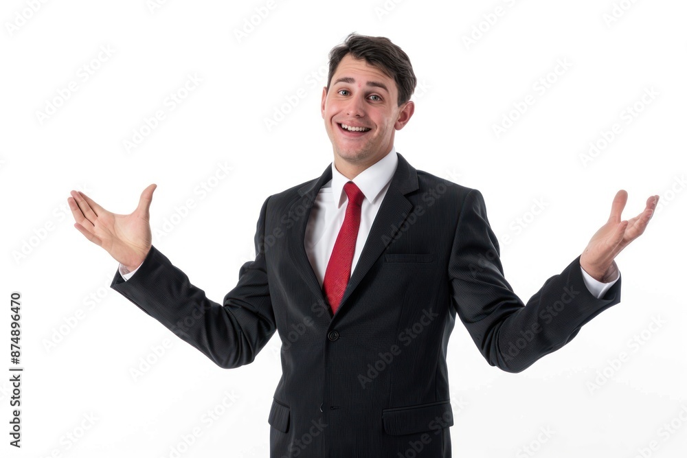 Hotel manager giving a tour of the facilities to potential clients, wearing a suit and tie, smiling and gesturing, Portrait half-body, hyper-realistic, high detail, photorealistic, white background, Hotel manager giving a tour of the facilities to potential clients, wearing a suit and tie, smiling and gesturing, Portrait half-body, hyper-realistic, high detail, photorealistic, white background,
