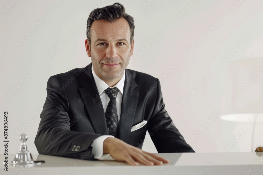 Hotel manager checking in with staff at the front desk, wearing a formal suit, looking professional and friendly, Portrait half-body, hyper-realistic, high detail, photorealistic, white background, Hotel manager checking in with staff at the front desk, wearing a formal suit, looking professional and friendly, Portrait half-body, hyper-realistic, high detail, photorealistic, white background,