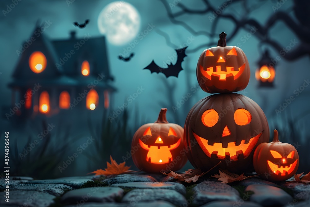 Spooky Halloween scene with carved pumpkins, full moon, and bats flying around a haunted house. Spooky Halloween scene with carved pumpkins, full moon, and bats flying around a haunted house.