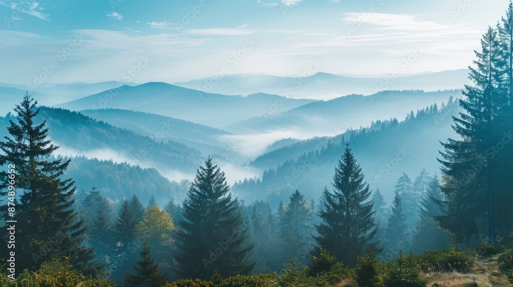 A Scenic Mountain Landscape View Of The Fog-Covered Black Forest In Germany A Scenic Mountain Landscape View Of The Fog-Covered Black Forest In Germany
