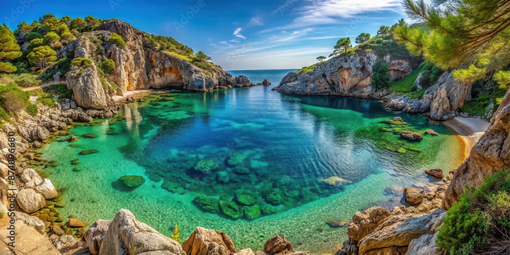 Secluded cove surrounded by rugged cliffs and crystal clear waters, secluded, cove, cliffs, ocean, water, rocks, peaceful Secluded cove surrounded by rugged cliffs and crystal clear waters, secluded, cove, cliffs, ocean, water, rocks, peaceful